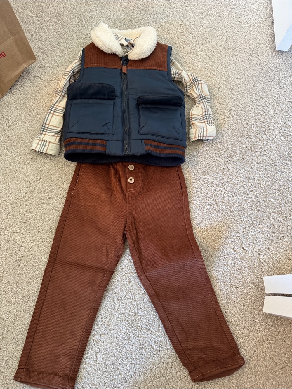 Kids Brown Corduroy Pants and Navy Sherpa-Lined Vest Matching Set